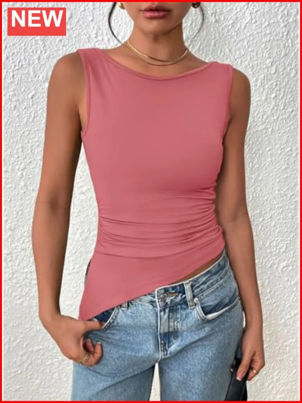 Women Ruched Tank Top Slim Fit Sleeveless Boat Neck Summer Y2K Shirt